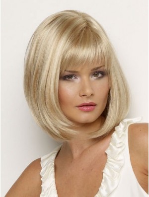 Chin Length Blonde Wig Synthetic Wig With Bangs Straight Hair