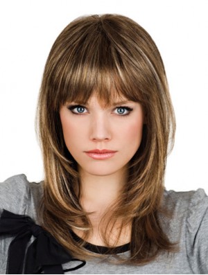 Brown Shoulder Length Wavy With Bangs 14 inch Suitable Medium Wigs