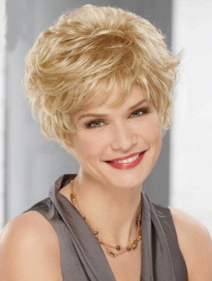 Cheap Synthetic Blonde Color Layered Cut Wavy Style