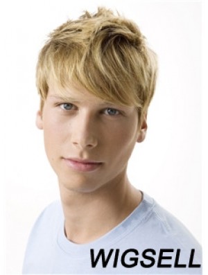 Remy Human 100% Hand Tied Short Wavy Blonde Wigs For Men