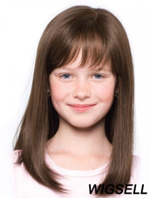 Straight Shoulder Length Brown Synthetic 100% Hand-tied Kids Wigs