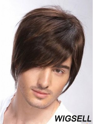 100% Hand Tied Brown Remy Human Short Straight Wigs Man